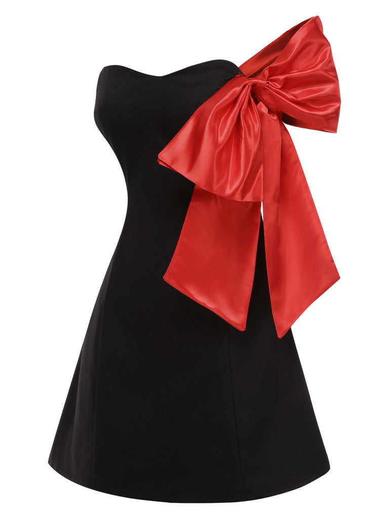 Black 1960s Strapless Bow A-Line Dress
