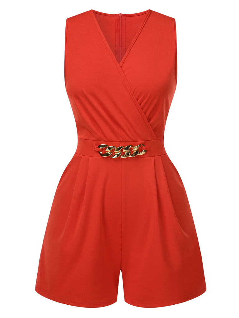 Solid 1960s Surplice V-Neck Sleeveless Chain Romper