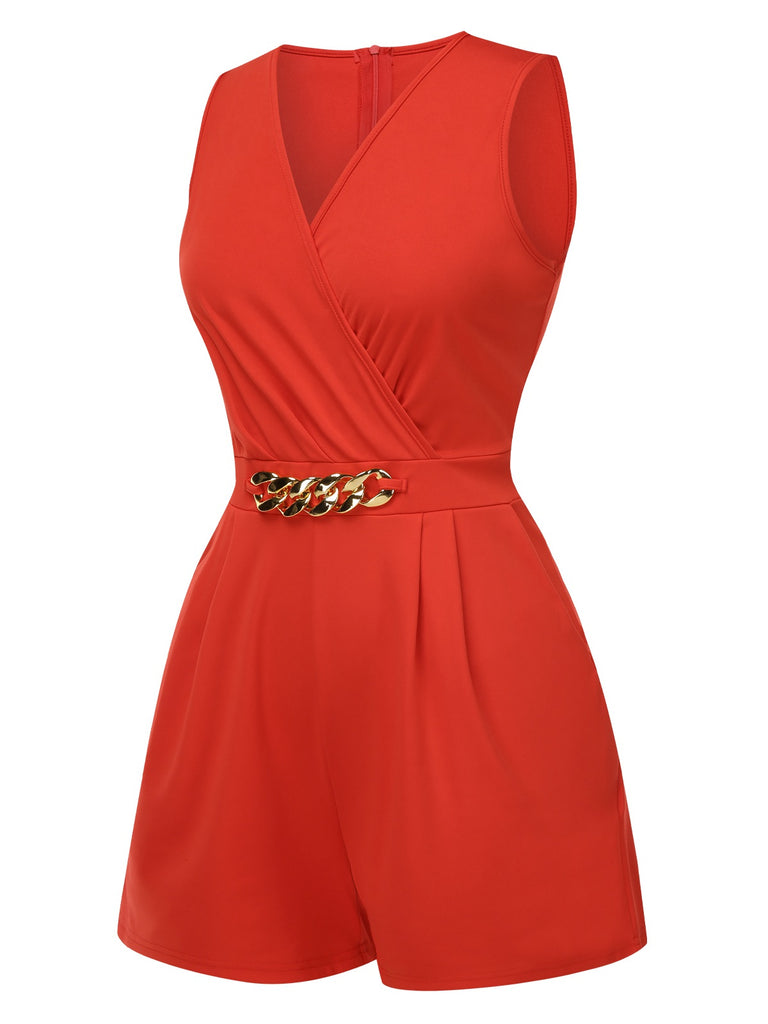 Solid 1960s Surplice V-Neck Sleeveless Chain Romper