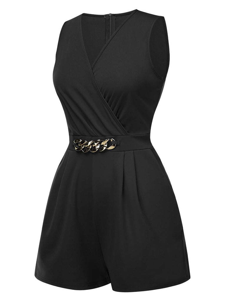 Solid 1960s Surplice V-Neck Sleeveless Chain Romper