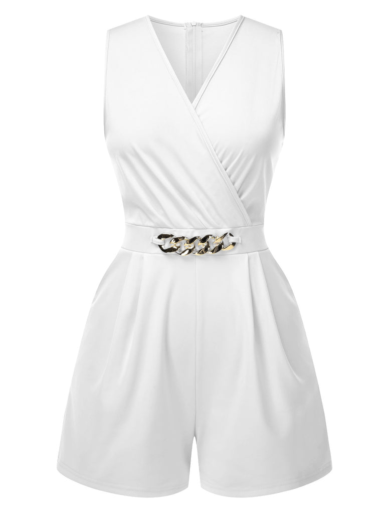 Solid 1960s Surplice V-Neck Sleeveless Chain Romper