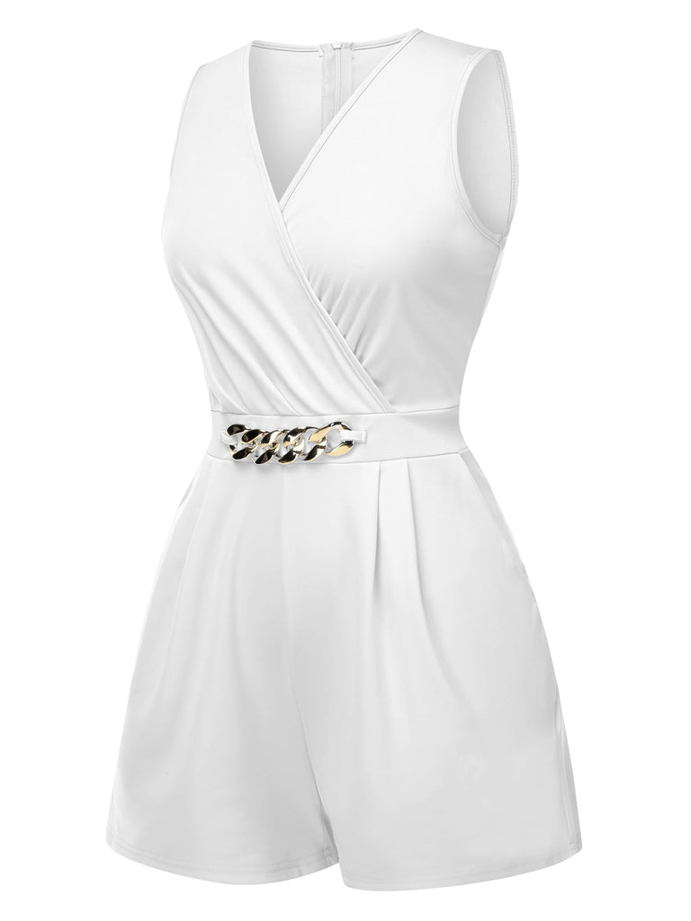 Solid 1960s Surplice V-Neck Sleeveless Chain Romper