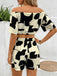 2PCS Black 1950s Geometric Off-Shoulder Drawstring Top & Shorts