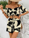2PCS Black 1950s Geometric Off-Shoulder Drawstring Top & Shorts