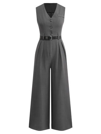 Gray 1930s Solid Sleeeless Office Belted Jumpsuit