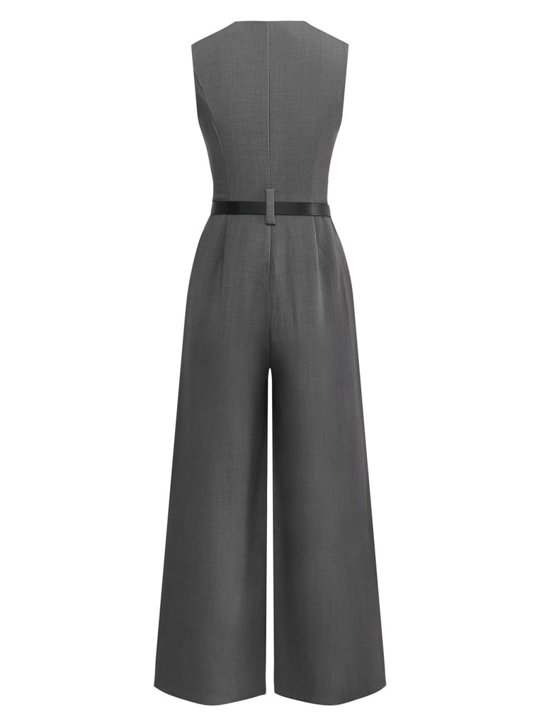 Gray 1930s Solid Sleeeless Office Belted Jumpsuit