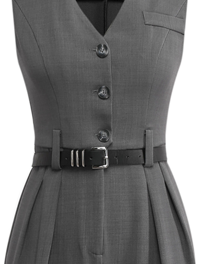Gray 1930s Solid Sleeeless Office Belted Jumpsuit