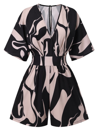 Multicolor 1940s Surplice V-Neck Printed Batwing Romper