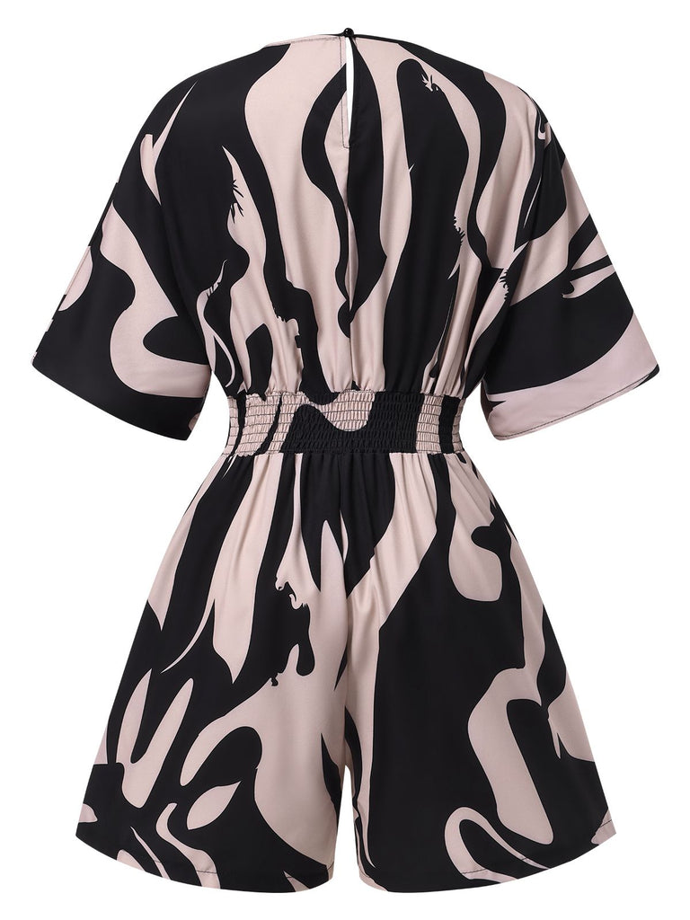Multicolor 1940s Surplice V-Neck Printed Batwing Romper
