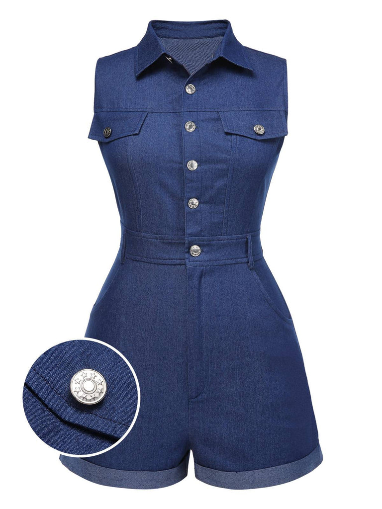 Blue 1970s Solid Cotton Sleeveless Denim Romper