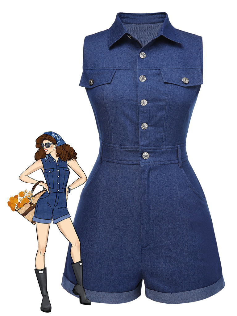 Blue 1970s Solid Cotton Sleeveless Denim Romper