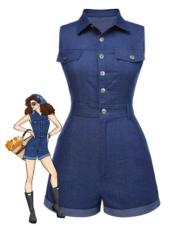 Blue 1970s Solid Cotton Sleeveless Denim Romper