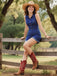 Blue 1970s Solid Cotton Sleeveless Denim Romper