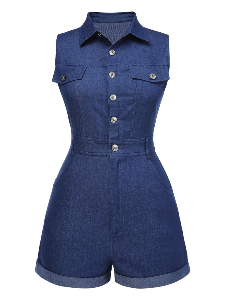 Blue 1970s Solid Cotton Sleeveless Denim Romper