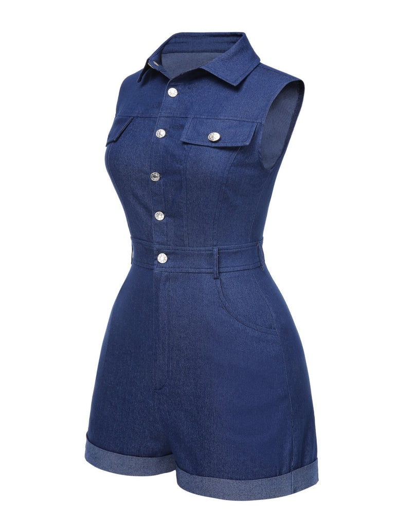 Blue 1970s Solid Cotton Sleeveless Denim Romper