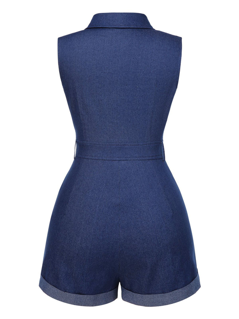 Blue 1970s Solid Cotton Sleeveless Denim Romper