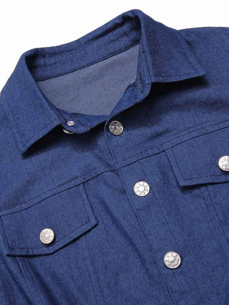 Blue 1970s Solid Cotton Sleeveless Denim Romper