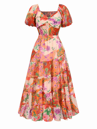 Multicolor 1930s Sweetheart Neck Floral Maxi Dress