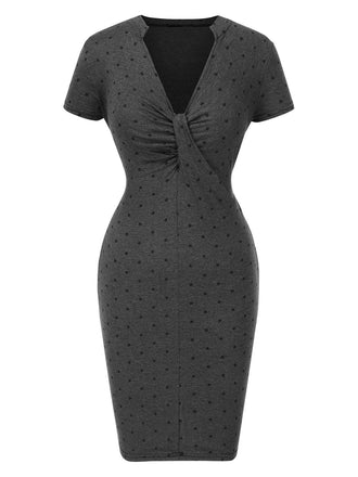 Gray 1960s Polka Dots V-Neck Bodycon Dress