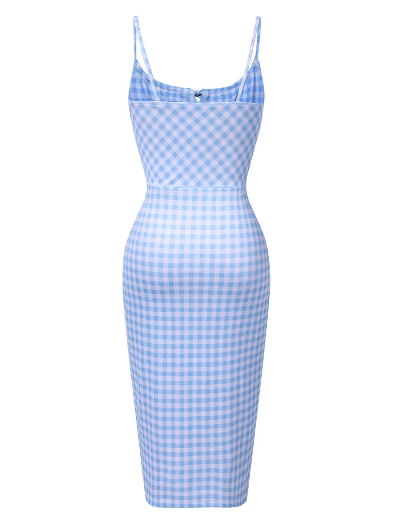 Blue 1960s Gingham Plaid Straps Pencil Dress