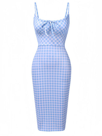 Blue 1960s Gingham Plaid Straps Pencil Dress