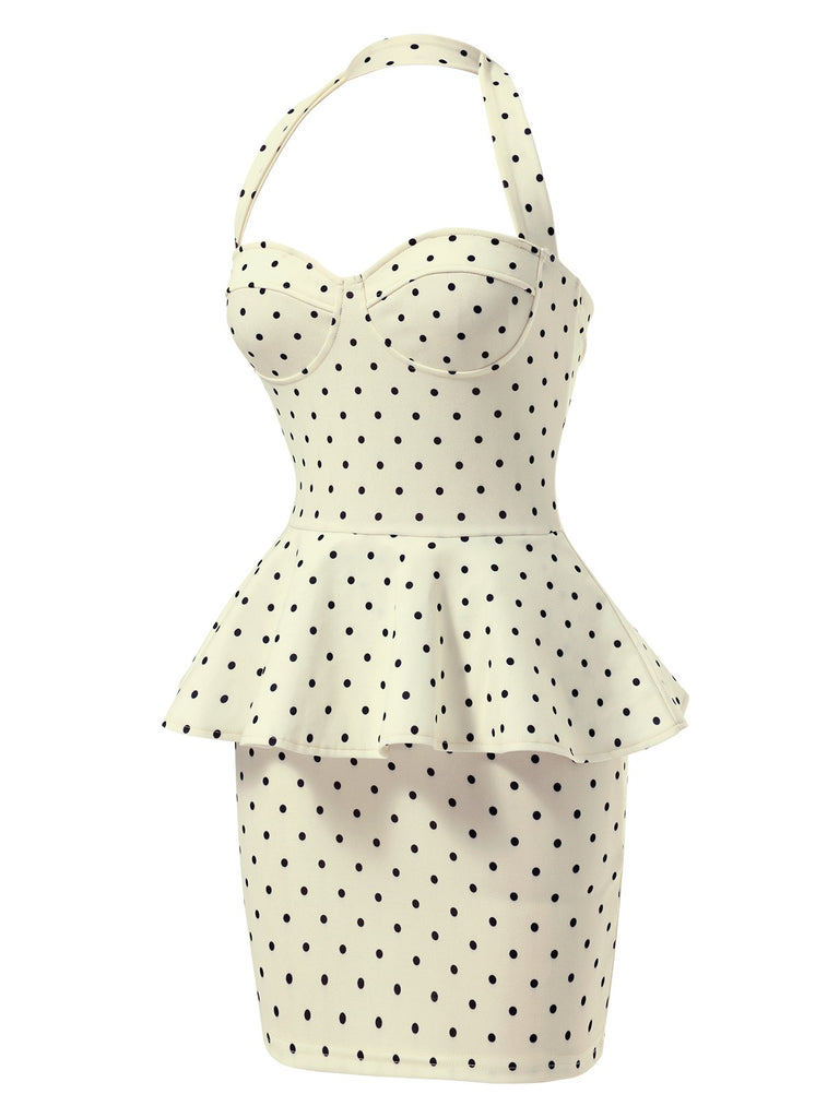 [Pre-Sale] Beige 1960s Polka Dot Halter Ruffle Pencil Dress