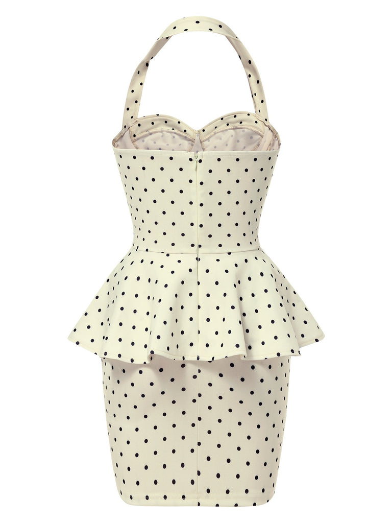 [Pre-Sale] Beige 1960s Polka Dot Halter Ruffle Pencil Dress