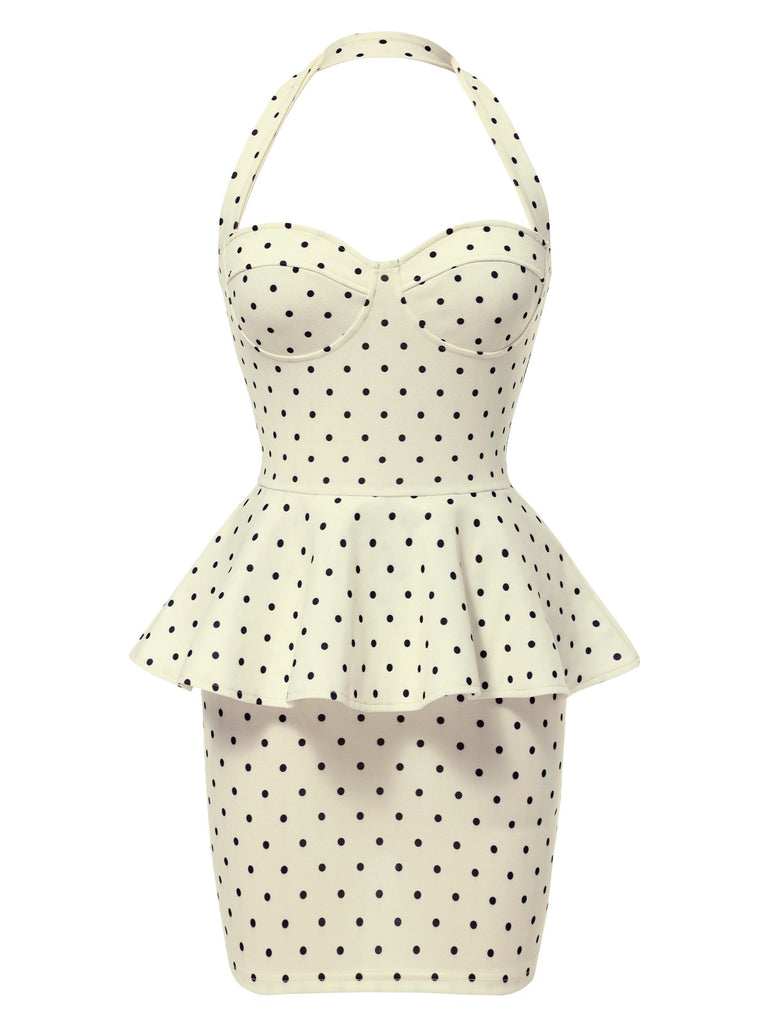 [Pre-Sale] Beige 1960s Polka Dot Halter Ruffle Pencil Dress