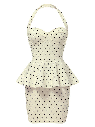 [Pre-Sale] Beige 1960s Polka Dot Halter Ruffle Pencil Dress
