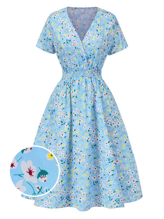 Sky Blue 1950s Floral V-Neck A-line Dress