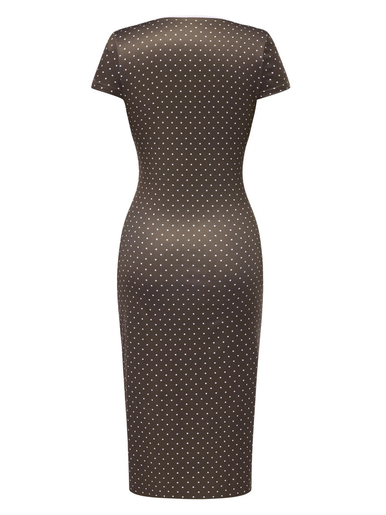 Brown 1960s Deep V-Neck Polka Dots Dress