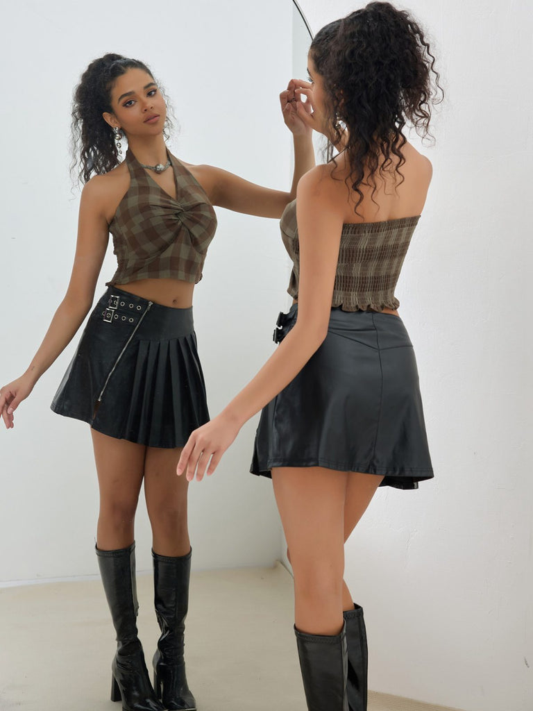 Brown 1930s Halter Gingham Plaid Smocked Crop Top