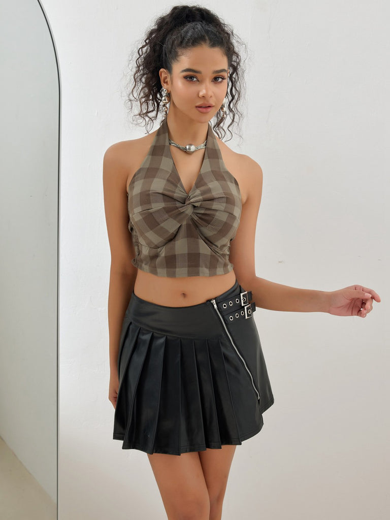 Brown 1930s Halter Gingham Plaid Smocked Crop Top