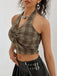 Brown 1930s Halter Gingham Plaid Smocked Crop Top