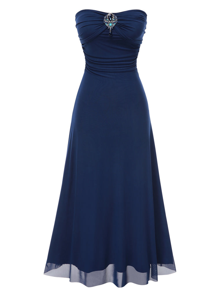 Blue 1930s Gemstone Mesh Bandeau Dress With Scarf