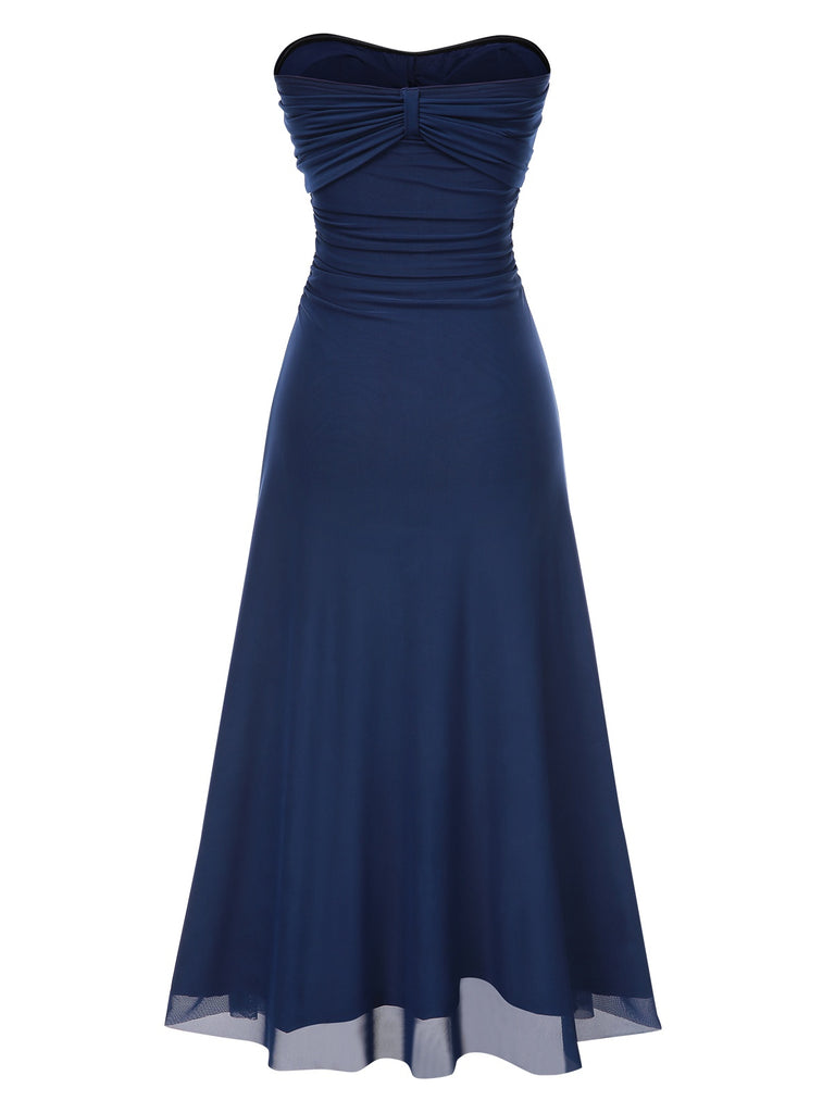 Blue 1930s Gemstone Mesh Bandeau Dress With Scarf