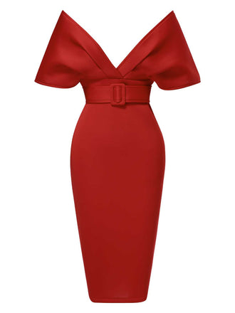 1960s Off-Shoulder Belted Solid Bodycon Dress