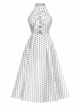 White 1950s Halter Polka Dots Bow Dress