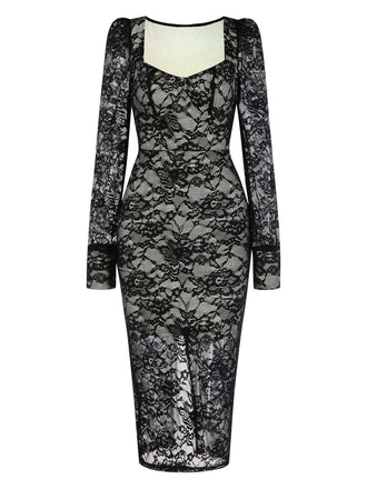 Black 1960s Square Neck Lace Bodycon Dress