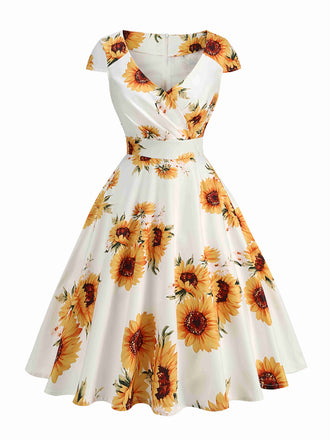 White & Yellow 1950s Sunflower Swing Dress