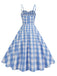 1950s Ruched Spaghetti Straps Gingham Plaid Dress