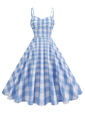 1950s Ruched Spaghetti Straps Gingham Plaid Dress