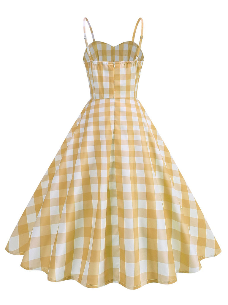 1950s Ruched Spaghetti Straps Gingham Plaid Dress