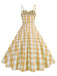 1950s Ruched Spaghetti Straps Gingham Plaid Dress