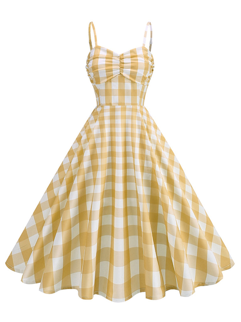 1950s Ruched Spaghetti Straps Gingham Plaid Dress