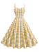 1950s Ruched Spaghetti Straps Gingham Plaid Dress