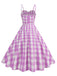 1950s Ruched Spaghetti Straps Gingham Plaid Dress