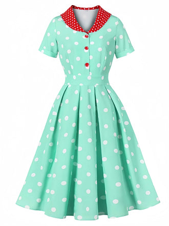 Turquoise 1950s Patchwork Polka Dots Dress