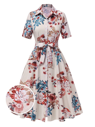 Apricot 1940s Floral Belted Lapel Dress