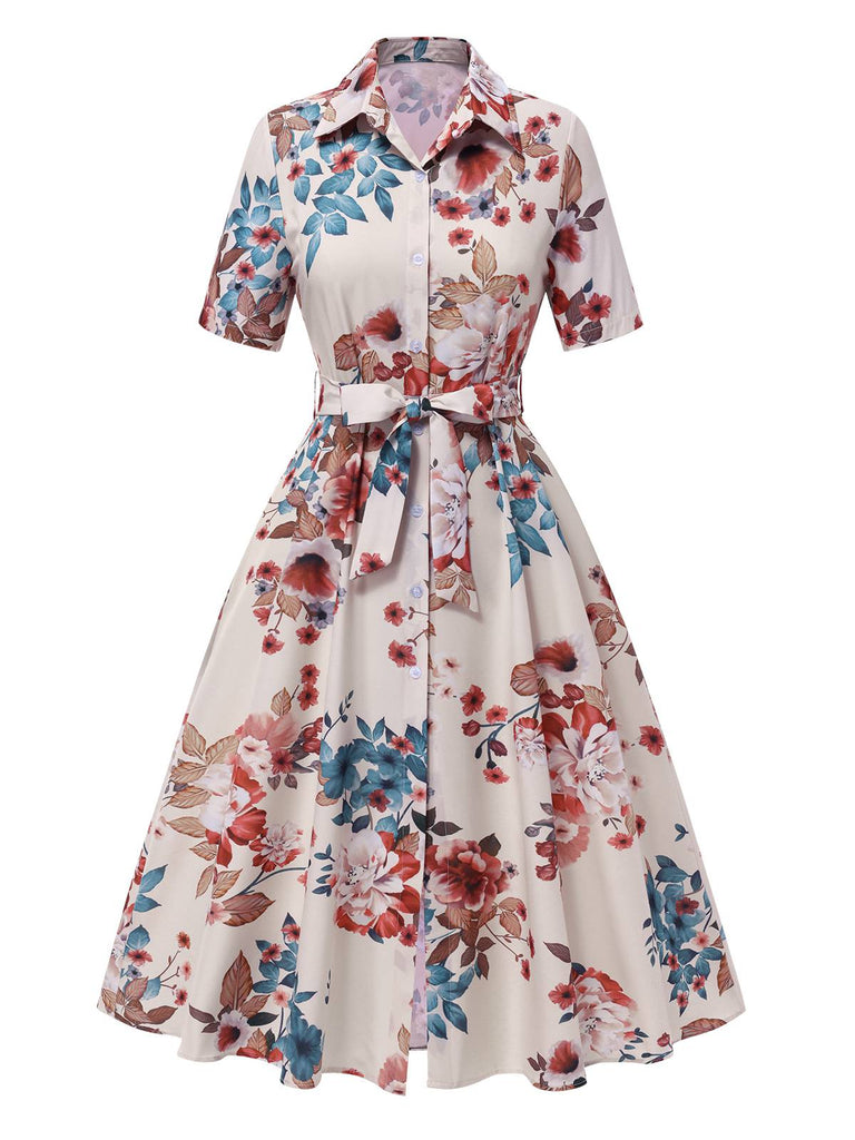 Apricot 1940s Floral Belted Lapel Dress